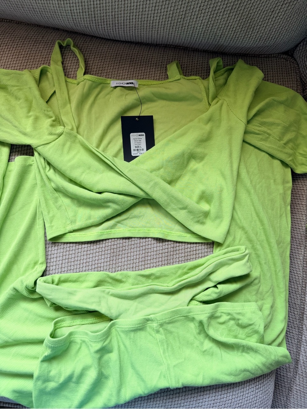 Fashion Nova Neon Lime Ribbed Wrap Crop Top and cut out capri set
